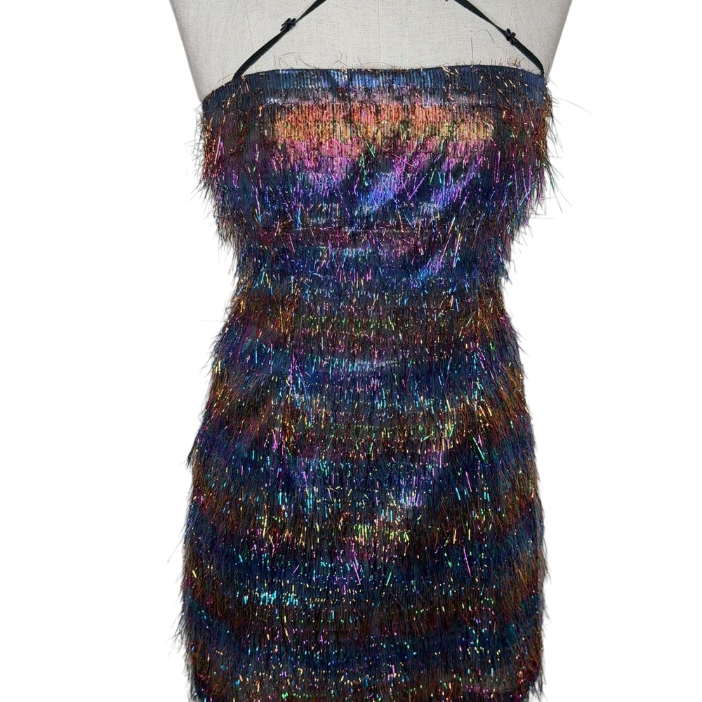 NANETTE LEPORE Y2K Party Dress Multicolor Metallic Tinsel Fringe Women's Size 6 - Picture 4 of 7